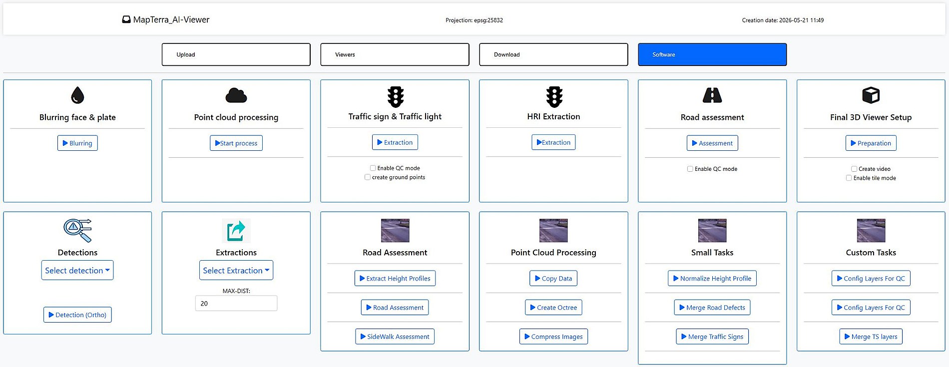 AI-Viewer software modules for face and plate blurring, point cloud processing, traffic signs and traffic lights, HRI extraction, road assessment and final 3D viewer setup